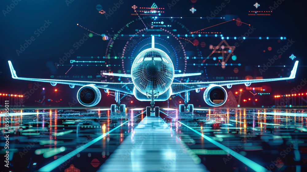 A futuristic plane, rendered in a digital style, sits on a glowing runway with data and lines swirling around it A futuristic plane, rendered in a digital style, sits on a glowing runway with data and lines swirling around it