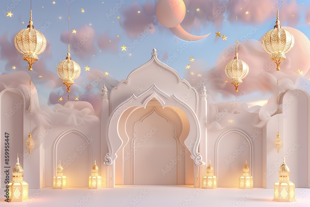 Obraz premium Eid al-Fitr celebration marking end of Ramadan, featuring colorful decorations and joyful gatherings. Festive Eid al-Fitr scene with people celebrating the end of Ramadan Generative AI
