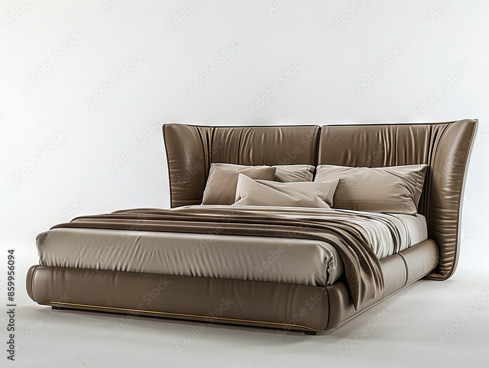 Obraz premium A bed with a leather headboard and a white sheet.