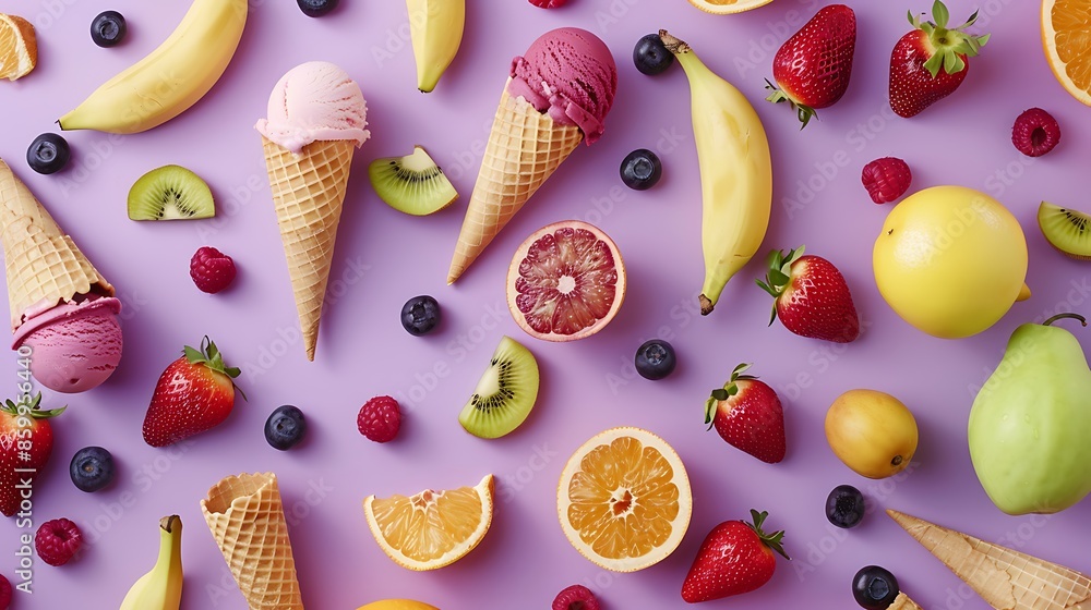 Multicolored ice cream cones and fruits shot from above on purple background Multicolored ice cream cones and fruits shot from above on purple background