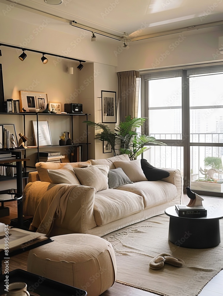 A living room with white furniture and a large window. A living room with white furniture and a large window.