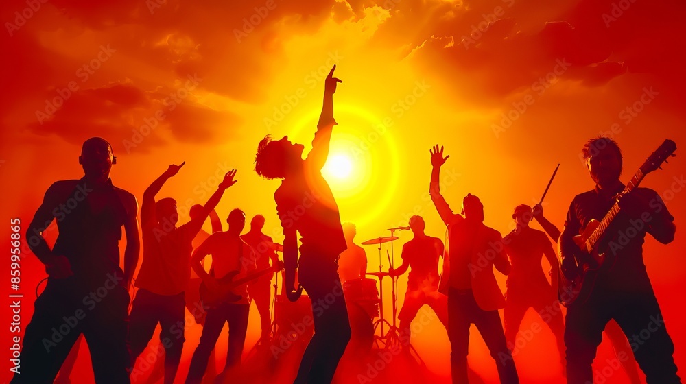 A silhouette of people in front of a sun. A silhouette of people in front of a sun.
