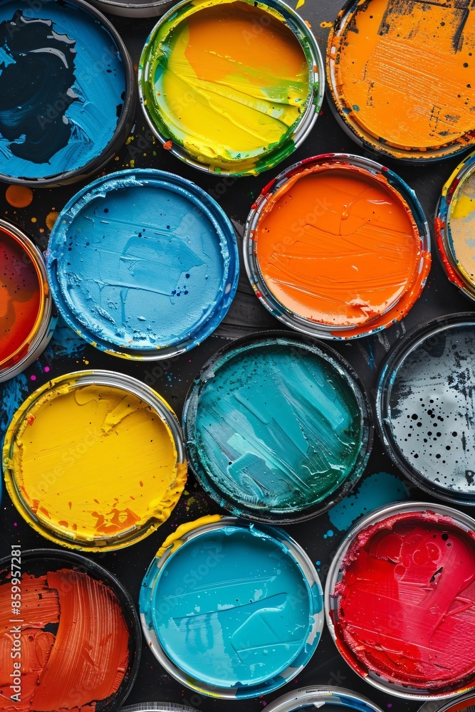Colorful Paint Cans on a Dark Background Colorful Paint Cans on a Dark Background