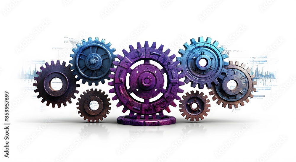 Background composition of purple-blue gears isolated on a white background. Abstract technology background with spots. Movement effect. Background composition of purple-blue gears isolated on a white background. Abstract technology background with spots. Movement effect.