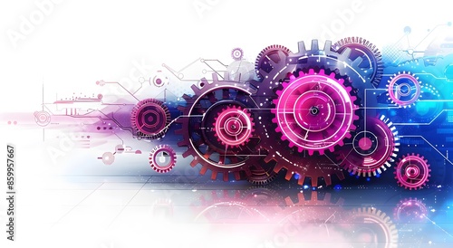 Background composition of purple-blue gears isolated on a white background. Abstract technology background with spots. Movement effect.