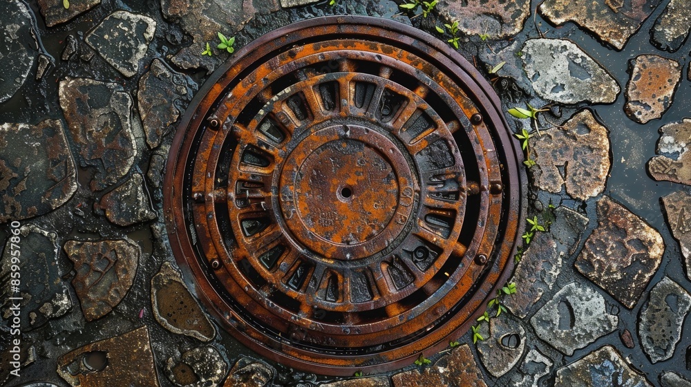 Close up view of a circular metal manhole cover in Penang Malaysia Close up view of a circular metal manhole cover in Penang Malaysia