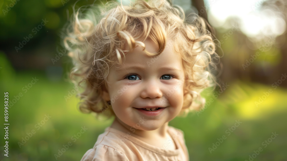 A close-up portrait of a happy young girl with curly blonde hair outdoors A close-up portrait of a happy young girl with curly blonde hair outdoors