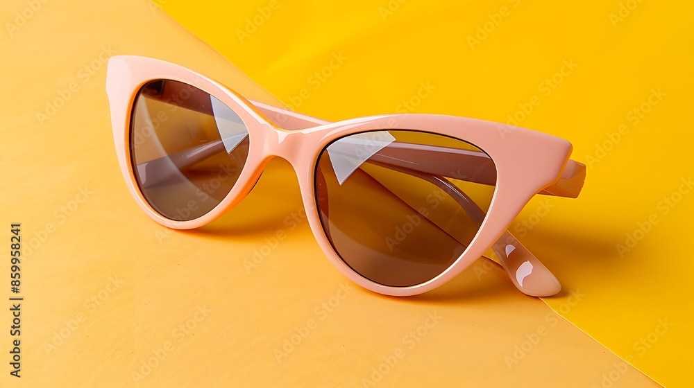 Peach colored sunglasses with plastic frame on oange and yellow background Peach colored sunglasses with plastic frame on oange and yellow background