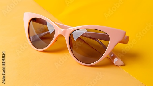 Peach colored sunglasses with plastic frame on oange and yellow background photo