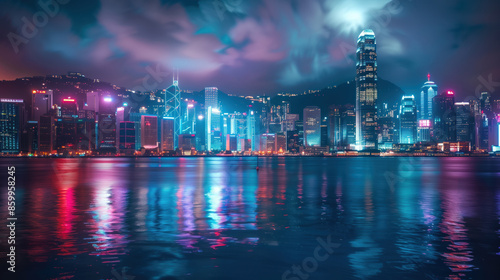 Wallpaper Mural realistic of Hongkong cityscape beside the river at twilight, render illustration. Torontodigital.ca