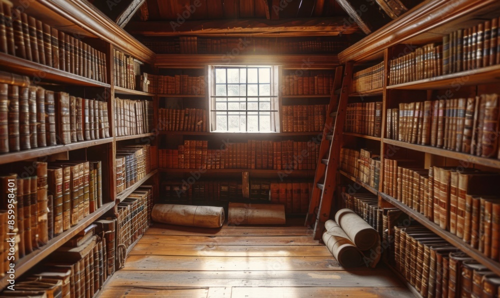 A medieval library with wooden shelves filled with ancient books and scrolls, and sunlight streaming through a small window A medieval library with wooden shelves filled with ancient books and scrolls, and sunlight streaming through a small window