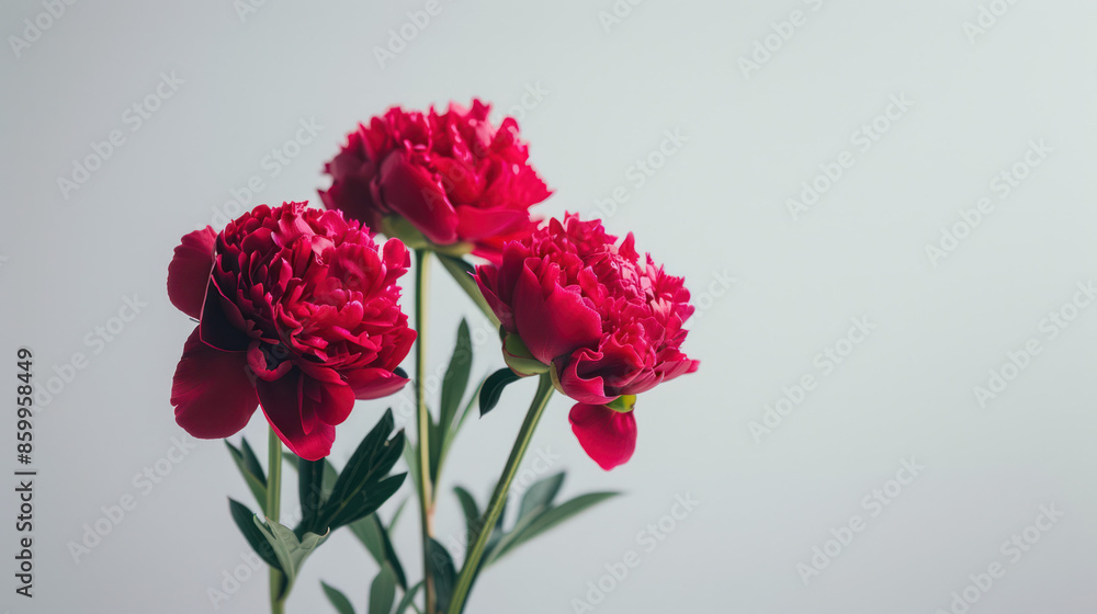 A close-up image of three pink peonies in full bloom against a white background A close-up image of three pink peonies in full bloom against a white background