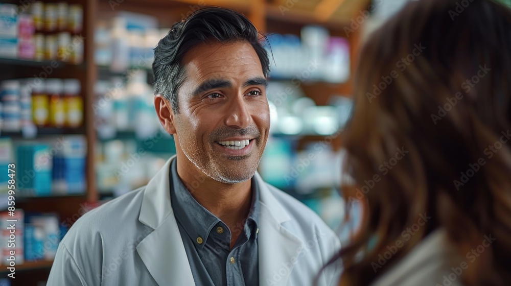 Fototapeta premium A man in a white lab coat is smiling at a woman in a white shirt. Scene is friendly and positive