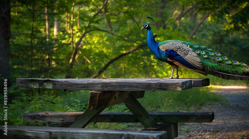 Fototapeta premium Peacock ona picnic table in a park
