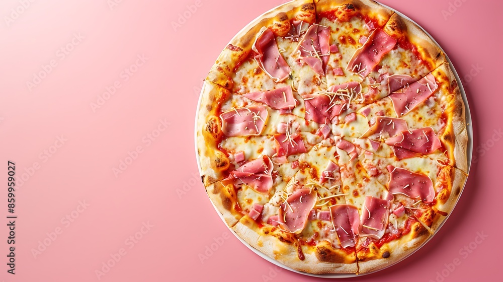 pizza with ham and cheese in a pink background pizza with ham and cheese in a pink background