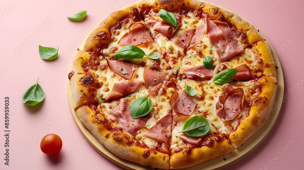 pizza with ham and cheese in a pink background pizza with ham and cheese in a pink background