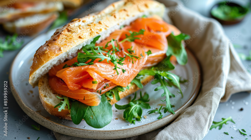 A close-up shot of a smoked salmon sandwich with arugula on a white plate A close-up shot of a smoked salmon sandwich with arugula on a white plate