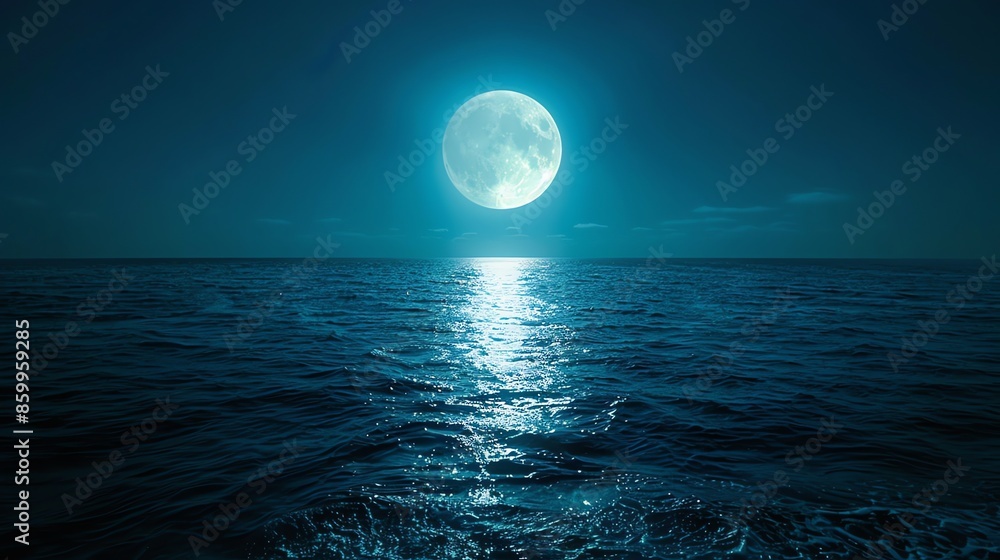 Fototapeta premium Full moon reflecting on the ocean waves at night.