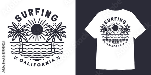 vintage california surf line art illustration for t-shirt design