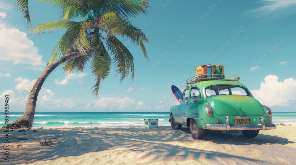 Obraz premium Vintage Green Car Under Palm Tree at Beach 