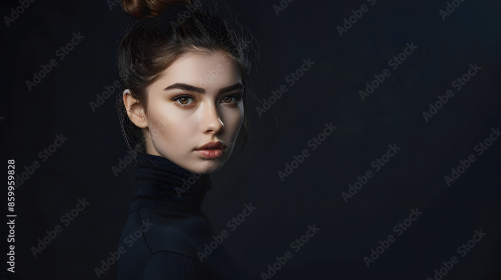 Perfect art woman in black turtleneck on a dark background Brunette long hair is pulled into a bun Evening makeup : Generative AI Perfect art woman in black turtleneck on a dark background Brunette long hair is pulled into a bun Evening makeup : Generative AI