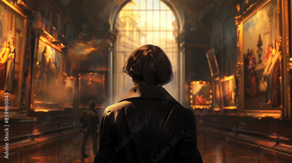 Against the backdrop of an antique museum art gallery, a mature woman contemplates the beauty of classical paintings from behind, with soft Against the backdrop of an antique museum art gallery, a mature woman contemplates the beauty of classical paintings from behind, with soft