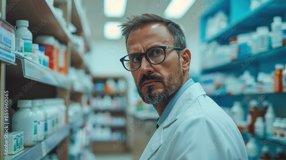 A man in a white lab coat stands in a pharmacy aisle with his arms crossed. He is unhappy or displeased A man in a white lab coat stands in a pharmacy aisle with his arms crossed. He is unhappy or displeased