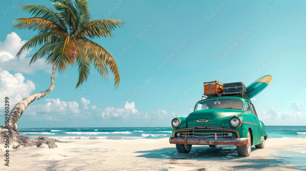 Obraz premium Beach Scene: Green Car with Luggage 