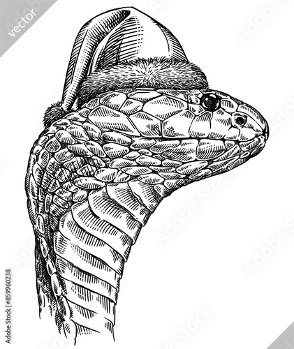 Vintage engraving isolated snake set dressed christmas illustration serpent ink santa costume sketch. Reptile asp background viper silhouette cobra new year hat art. Hand drawn vector image