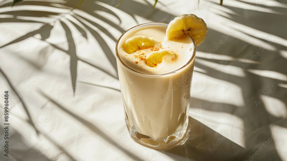 banana milk shake in a glass on a light soft background with sun glare and shadows from plants. healthy eating, healthy smoothie. copy space banana milk shake in a glass on a light soft background with sun glare and shadows from plants. healthy eating, healthy smoothie. copy space