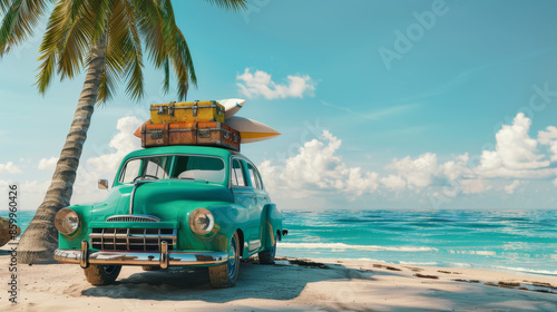 Beach Scene: Green Car with Luggage
