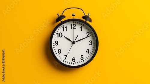 Round black and white wall clock at almost 6 o clock on yellow background photo