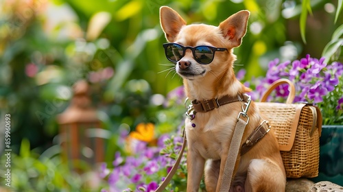 rtrait of brown chihuahua dog wearing sunglasses sitting with straw bag and backpack in the garden with purple flowers photo