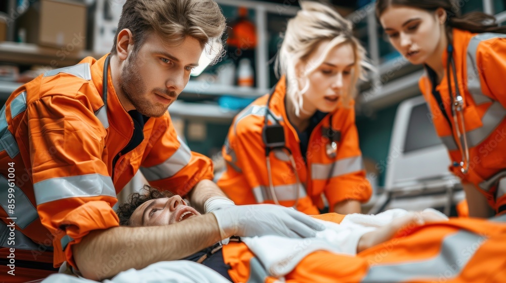 A man in an orange shirt is helping a woman who is laying on a bed. The other two people in orange shirts are standing behind them A man in an orange shirt is helping a woman who is laying on a bed. The other two people in orange shirts are standing behind them
