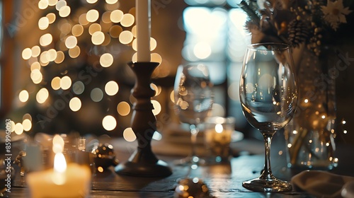 Selective focus shot of glistening christmas lights in the background behind a rustic dining table set for a christmas dinner party