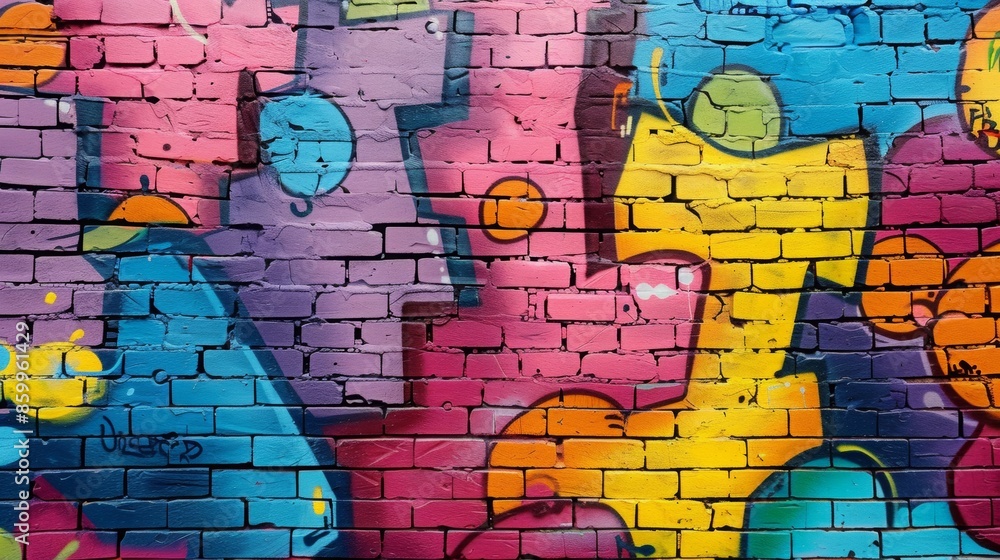 a brick wall covered with graffiti in 90s aesthetics, bright colors, neon a brick wall covered with graffiti in 90s aesthetics, bright colors, neon
