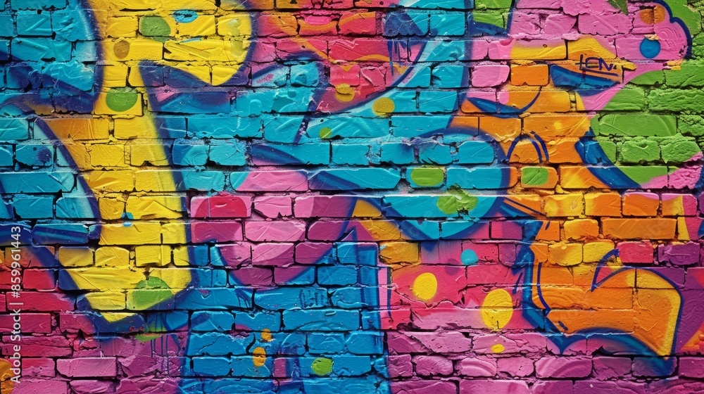 a brick wall covered with graffiti in 90s aesthetics, bright colors, neon a brick wall covered with graffiti in 90s aesthetics, bright colors, neon