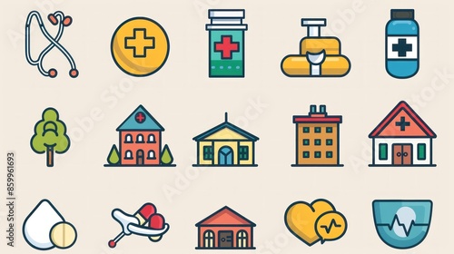 A detailed set of 2D health and medical icons that includes hospital buildings, medical exams, and medication symbols. These icons are ideal for use in health apps, websites, and printed materials.