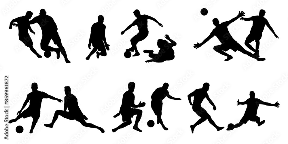 A set of pair silhouettes soccer player. Player and goalkeeper silhouettes in lots of different action poses. High quality isolated on white background. Vector illustration A set of pair silhouettes soccer player. Player and goalkeeper silhouettes in lots of different action poses. High quality isolated on white background. Vector illustration