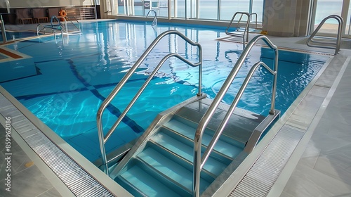 Stainless steel natatorium swimming pool ladder with hand rails at in inside public swimming pool photo