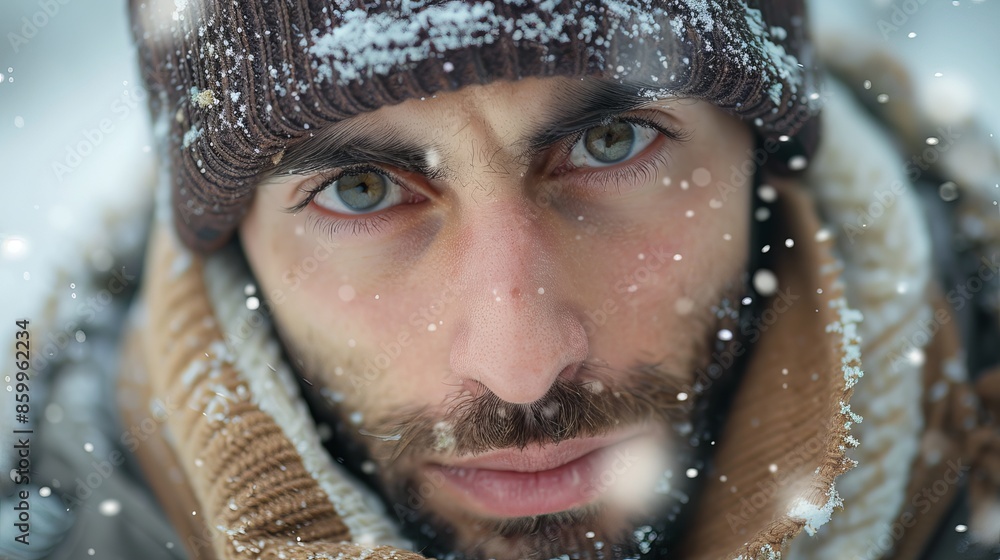 Close up of A young man with green eyes facing upwards in heavy snow, winter muffler, beanie cap and furry coat Close up of A young man with green eyes facing upwards in heavy snow, winter muffler, beanie cap and furry coat