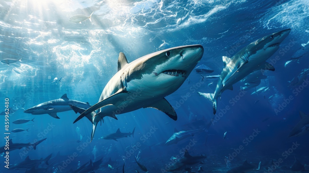 Fototapeta premium A shark in the vastness of the ocean. An open dangerous mouth with many teeth. The waves of the blue sea, clear water.