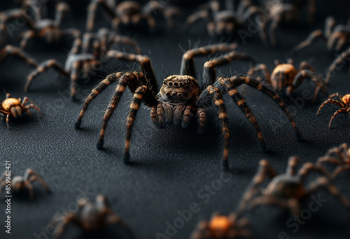 A big spider is surrounded by smaller spiders on black surface. Spooky Halloween background with black spiders crawling