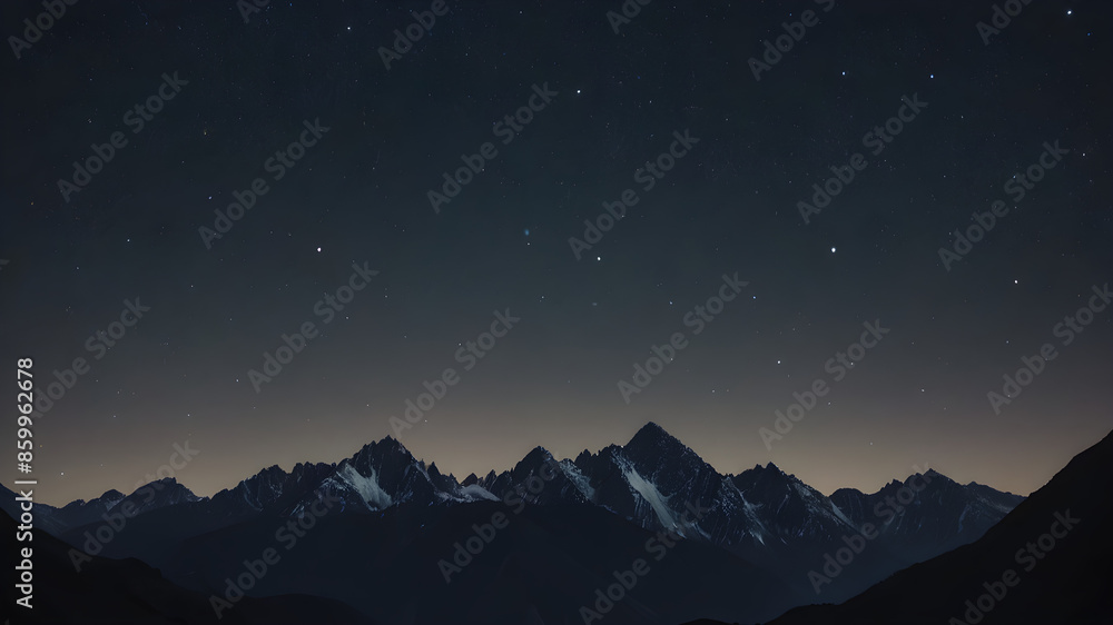 A dark silhouette of a mountain range against a star-studded sky. A dark silhouette of a mountain range against a star-studded sky.