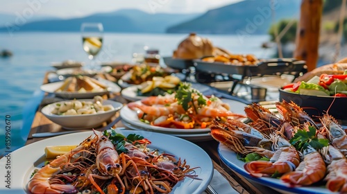 Table full of seafood and vegetable dishes with sea horizone in the background photo