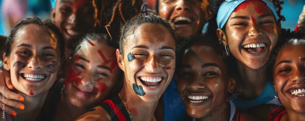 Diverse group of athletes posing together for a photo at Paris 2024, smiling and celebrating their achievements, capturing the essence of Olympic spirit, joyful and vibrant Diverse group of athletes posing together for a photo at Paris 2024, smiling and celebrating their achievements, capturing the essence of Olympic spirit, joyful and vibrant