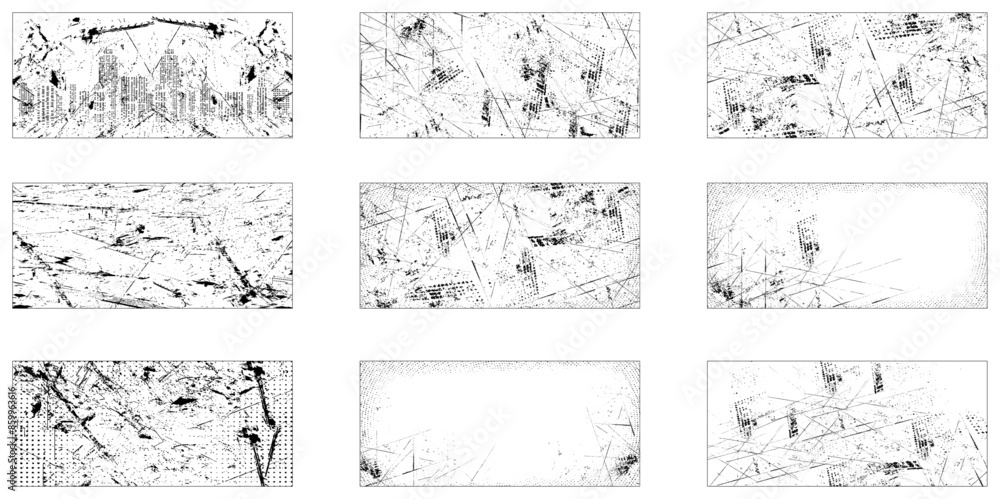 Set of grunge textures. Vector distress overlay textures. Set of vector paint brush stroke, ink splash and grungy decoration elements for social Set of grunge textures. Vector distress overlay textures. Set of vector paint brush stroke, ink splash and grungy decoration elements for social