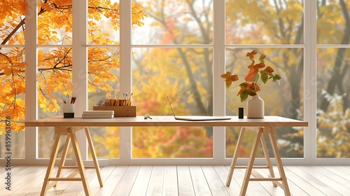 Desk of free space and autumn window background photo