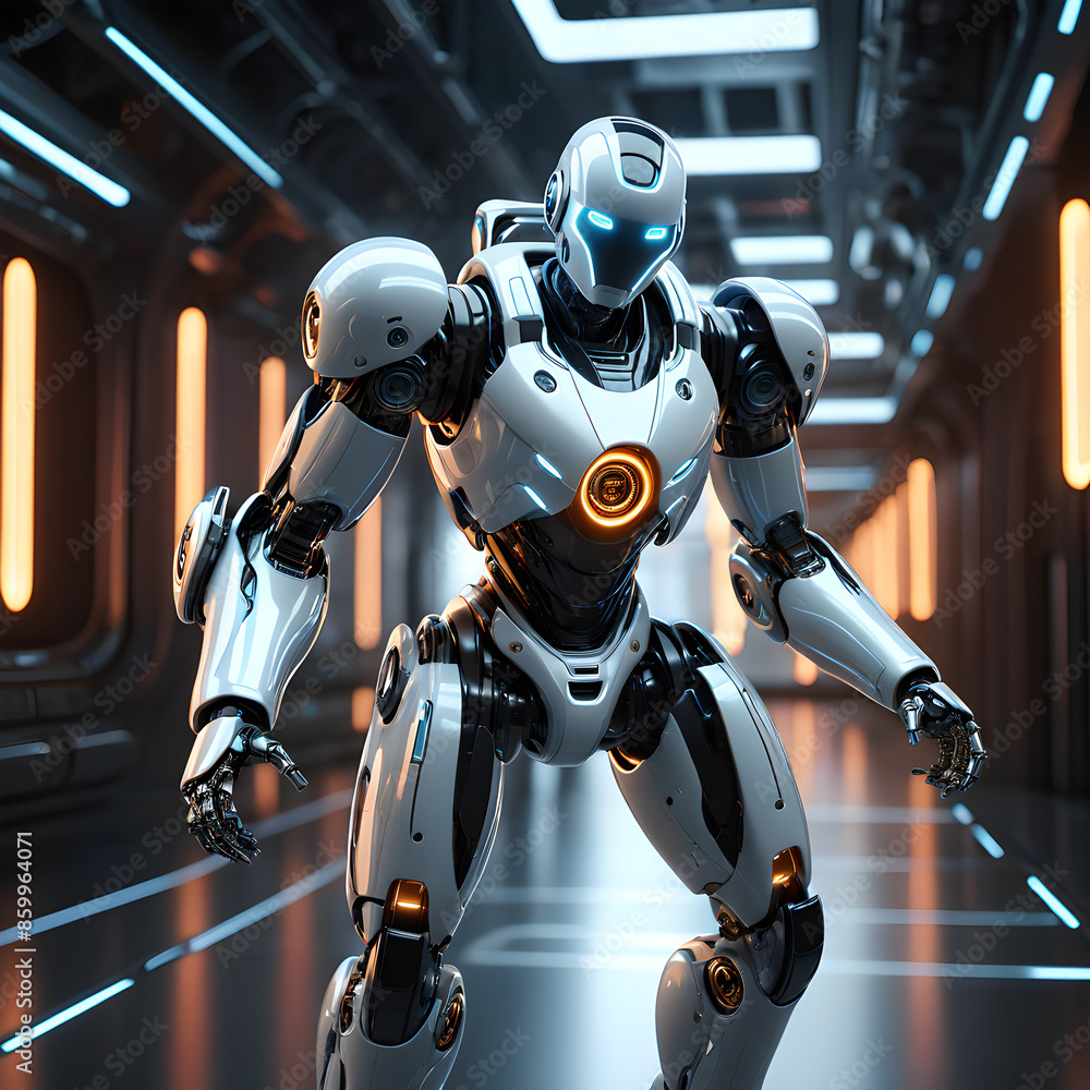 A 3D illustration of a futuristic robot, designed with sleek lines and advanced technology. The robot is shown in a dynamic pose, with glowing elements and a high-tech environment A 3D illustration of a futuristic robot, designed with sleek lines and advanced technology. The robot is shown in a dynamic pose, with glowing elements and a high-tech environment