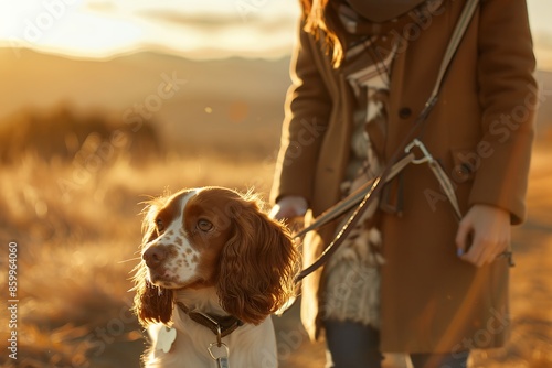 close up of woman in brown coat walking her red and white English Carter Spaniel dog on leash, field with mountains at background, golden hour light, minimalism, cinematic lighting, sun rays, bokeh ef photo